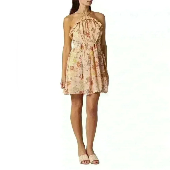 NWT Joie Uma Halter Neck Silk Minidress Apricot Buff Multi - Picture 1 of 12